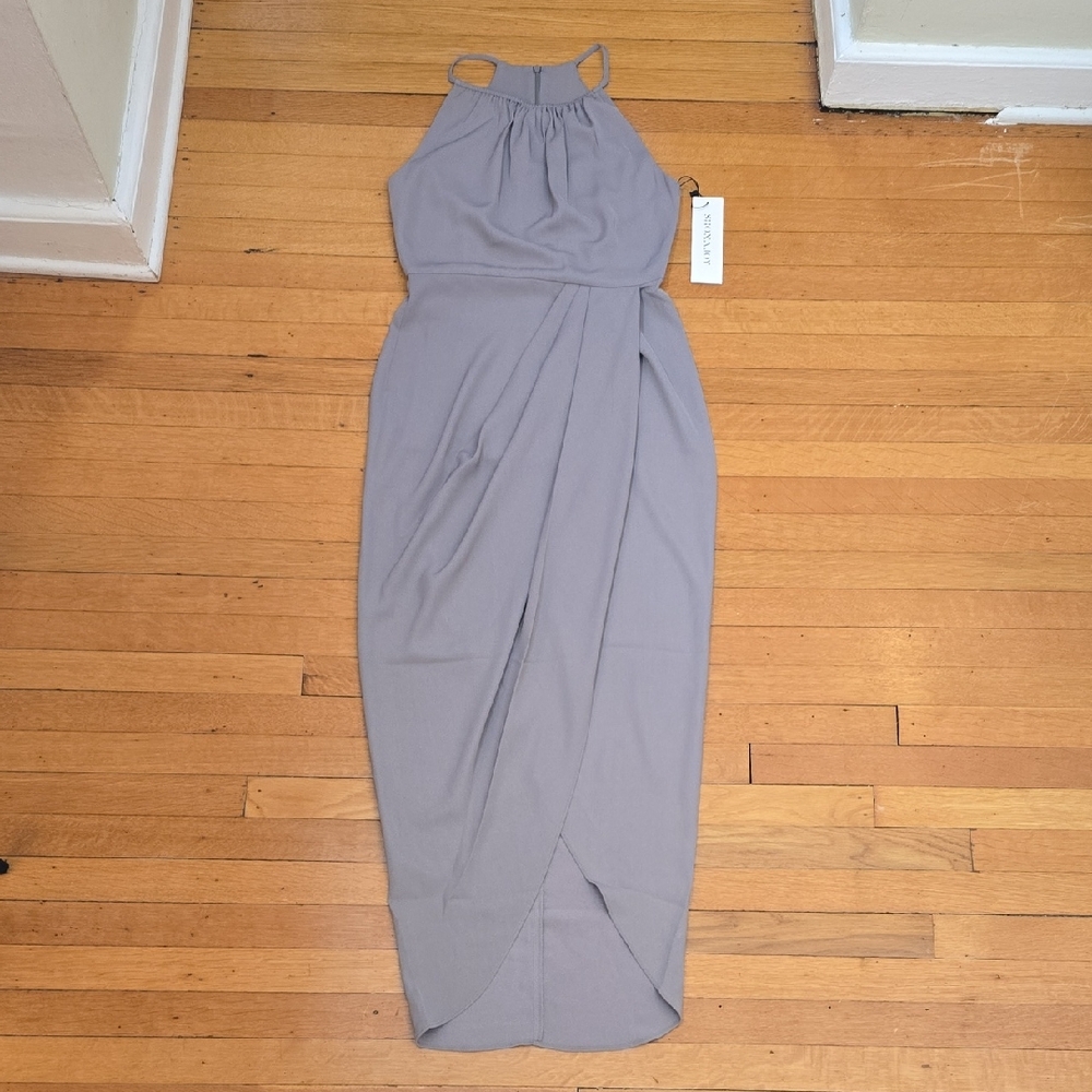NWT, Shona Joy, Halter High Neck Ruched Midi Dress, Gray, Women's 4
